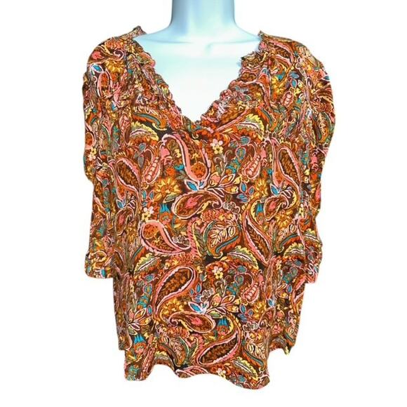 Democracy Large Top Orange Brown Rayon Paisley Pleats Ruffles Ruched 3/4 Sleeves - Picture 1 of 6